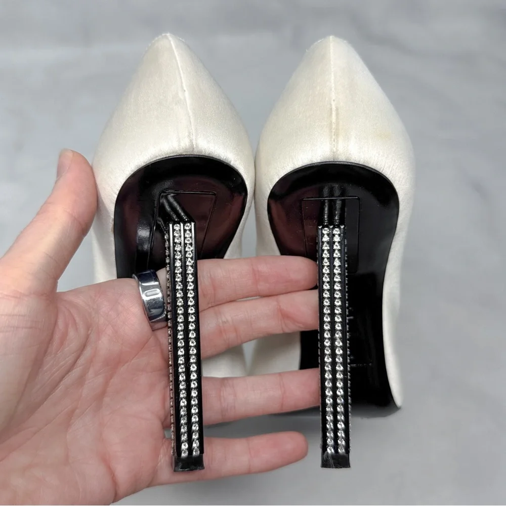 Saint Laurent Tower 110 Strass Embellished Silk Satin Pointed Toe Pump Heel 36.5